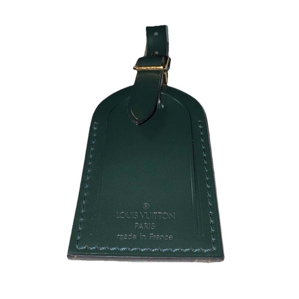 Louis Vuitton Luggage Name Tag Green Leather Gold tone Large w/Poignet